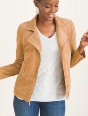 CHICO'S Tan Faux Vegan Suede Cropped Full Zip Moto Jacket/Coat Women's SZ  L/12